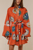 Linen Blend Unique Print Tie Waist Loose Mini Dress