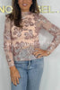 Chelsea Sheer Flower Sequin Detail Mock Neck Long Sleeve Stretch Top