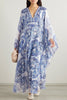 Blue and White Porcelain Print V-Neck Waist Loose Maxi Dress