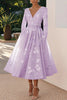 Floral Print V-neck Long Sleeve Tie Waist Elegant Midi Dress