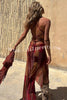 Gypsy Style Unique Print Cowl Neck Back Lace-up Slit Midi Dress