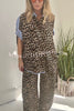 Comfortable Leopard Stripes Colorblock Print Oversized Shirt and Elastic Waist Pocket Loose Pants Set