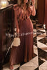 Merry and Bright Satin Deep V-neck Dramatic Ruffled Sleeve Pleated Maxi Dress