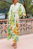 Summer Party Floral Print Balloon Sleeve Pocketed Belt Shirt Midi Dress