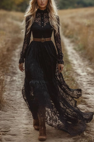 Elegant Hollow Lace Long Sleeve Slim Holiday Maxi Dress