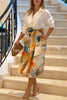 Jiles Linen Blend Unique Contrast Print Long Sleeve Tie-up Pocket Shirt Midi Dress