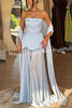 Jiya Satin Petal Hem Pearl Detail Chiffon Cape Strapless Maxi Dress