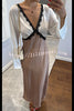 Lainei Contrast Color Satin Lace Trim V-neck Long Sleeve Maxi Dress