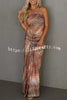Wild Beauty Snake Print Cross Neck Gold Ball Accents Ruched Stretch Maxi Dress