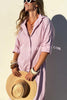 All-match Striped Button Up Half Sleeve Belted Pocket Shirt Midi Dress