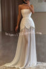Jiya Satin Petal Hem Pearl Detail Chiffon Cape Strapless Maxi Dress