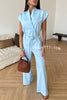 Modern City Double Breasted Belted Wide Short Sleeve Suit and Elastic Waist Loose Pants Set