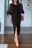 Solid Color Polka Dot Lantern Sleeve Slim High Waist Midi Dress