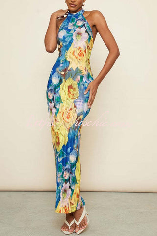 My Darling Floral Print Plisse Halter Neck Backless Stretch Maxi Dress