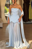 Jiya Satin Petal Hem Pearl Detail Chiffon Cape Strapless Maxi Dress