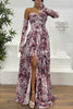 Reina Chiffon Floral Print Pleated Bodice Split Sleeve Strapless Slit Maxi Dress