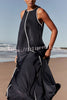 Palos Satin Navy with White Contrast Piping Pocketed A-line Maxi Dress