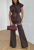 Modern City Double Breasted Belted Wide Short Sleeve Suit and Elastic Waist Loose Pants Set