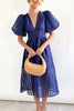 Remarkable Beauty Square Patterned Fabric Puff Sleeve Midi Dress