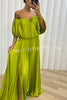 Shelley Pleated Off Shoulder Elastic Waist Slit Maxi Dress