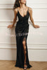 Breezy City Fall SatinLace Petal Trim Slip Tie-up H-line Slit Maxi Dress