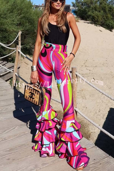 Cadee Unique Print High Rise Layered Flare Hem Stretch Pants