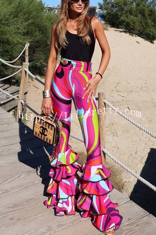 Cadee Unique Print High Rise Layered Flare Hem Stretch Pants