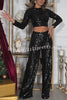 New Start Sequin Long Sleeve Back Tie-up Crop Top and Elastic Waist Loose Pants Set