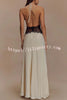 Seductive Details Satin Lace Waist Halter Tie-up Backless Maxi Dress