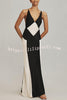 Extreme Elegance Satin Contrast Color V Neck Maxi Dress