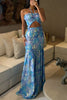 Vivica Floral Smocked Cutout Halter Fishtail Stretch Maxi Dress