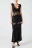 Wonderful Fusion Satin Lace Trim See-through Waist V-neck Drape Maxi Dress