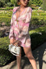 Tinslie Unique Print Metal Flower Cutout Long Sleeve Loose Mini Dress