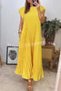 Solid Color Round Neck Sleeveless Pleated Large Hem Maxi Dress