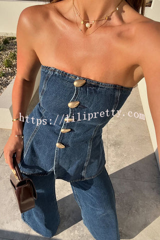 Lennox Denim Off Shoulder Unique Button Up Princess Seams Top