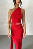 Grecian Inspired One Shoulder Side Metal Circle Design Backless Stretch Maxi Dress