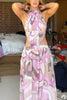 Tauni Unique Print Hollow Waist Backless Elastic Strap Halter Maxi Dress