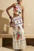Sun Kissed Printed Crochet Flowers Trim One Shoulder Cut Out Maxi Dress