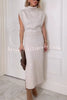 Solid Color Sleeveless Knitted Elegant Waist Midi Dress