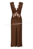 Wonderful Fusion Satin Lace Trim Poka Dot V-neck Drape Maxi Dress