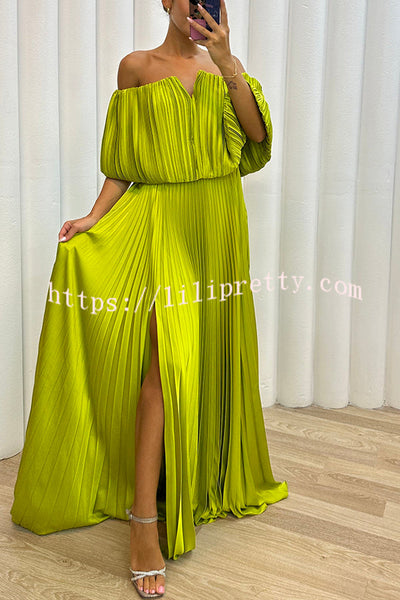 Shelley Pleated Off Shoulder Elastic Waist Slit Maxi Dress