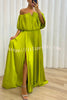Shelley Pleated Off Shoulder Elastic Waist Slit Maxi Dress