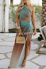 Ibiza Summer Pleated Neutral Ombre One Shoulder Tank and Twist Waist Slit Maxi Skirt Set