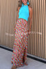 Klim Color Block Unique Print Halter Slit Stretch Maxi Dress
