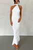 Grecian Inspired One Shoulder Side Metal Circle Design Backless Stretch Maxi Dress