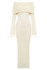 Marisol Ribbed Boucle Material Draped Off Shoulder Stretch Vacation Maxi Dress