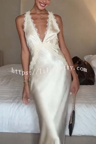 Modern Day Glam Satin Lace Trim V-neck Cross Back Maxi Dress