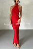 Grecian Inspired One Shoulder Side Metal Circle Design Backless Stretch Maxi Dress