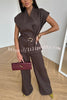 Modern City Double Breasted Belted Wide Short Sleeve Suit and Elastic Waist Loose Pants Set