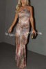 Wild Beauty Snake Print Cross Neck Gold Ball Accents Ruched Stretch Maxi Dress